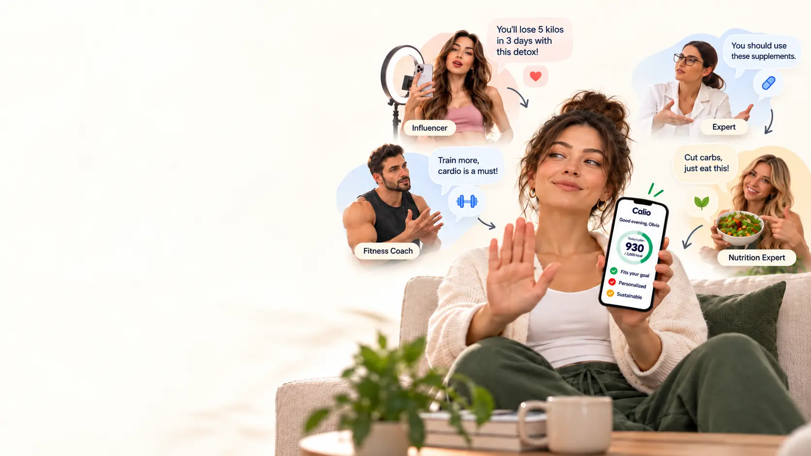 A woman with Calio sorting through conflicting nutrition advice from an influencer, expert, fitness coach, and nutrition expert.