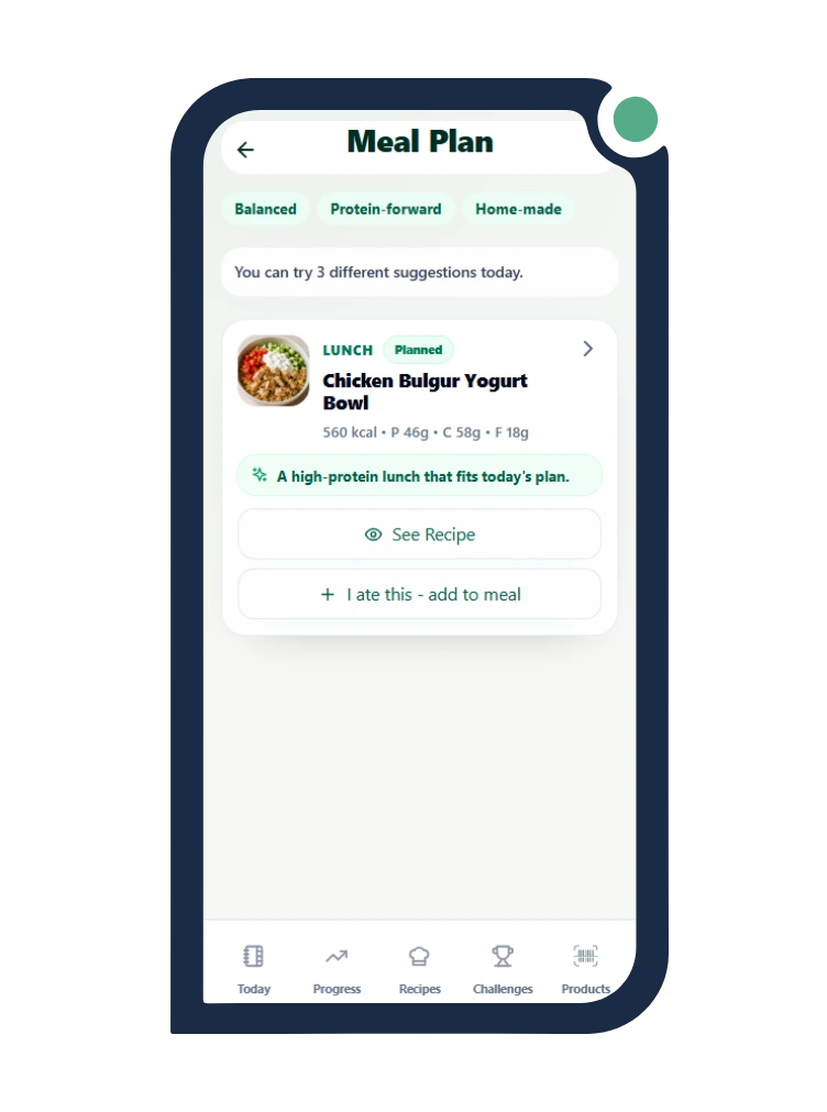 Calio meal suggestions screen