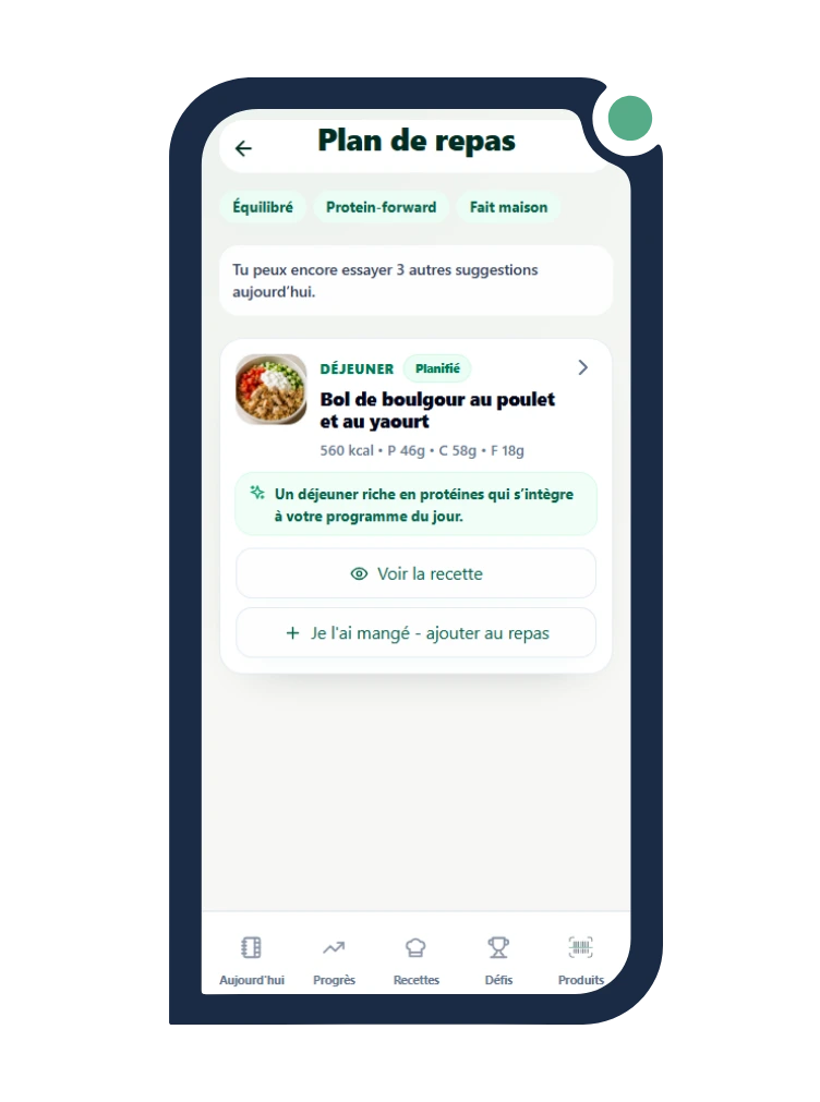 Calio meal suggestions screen